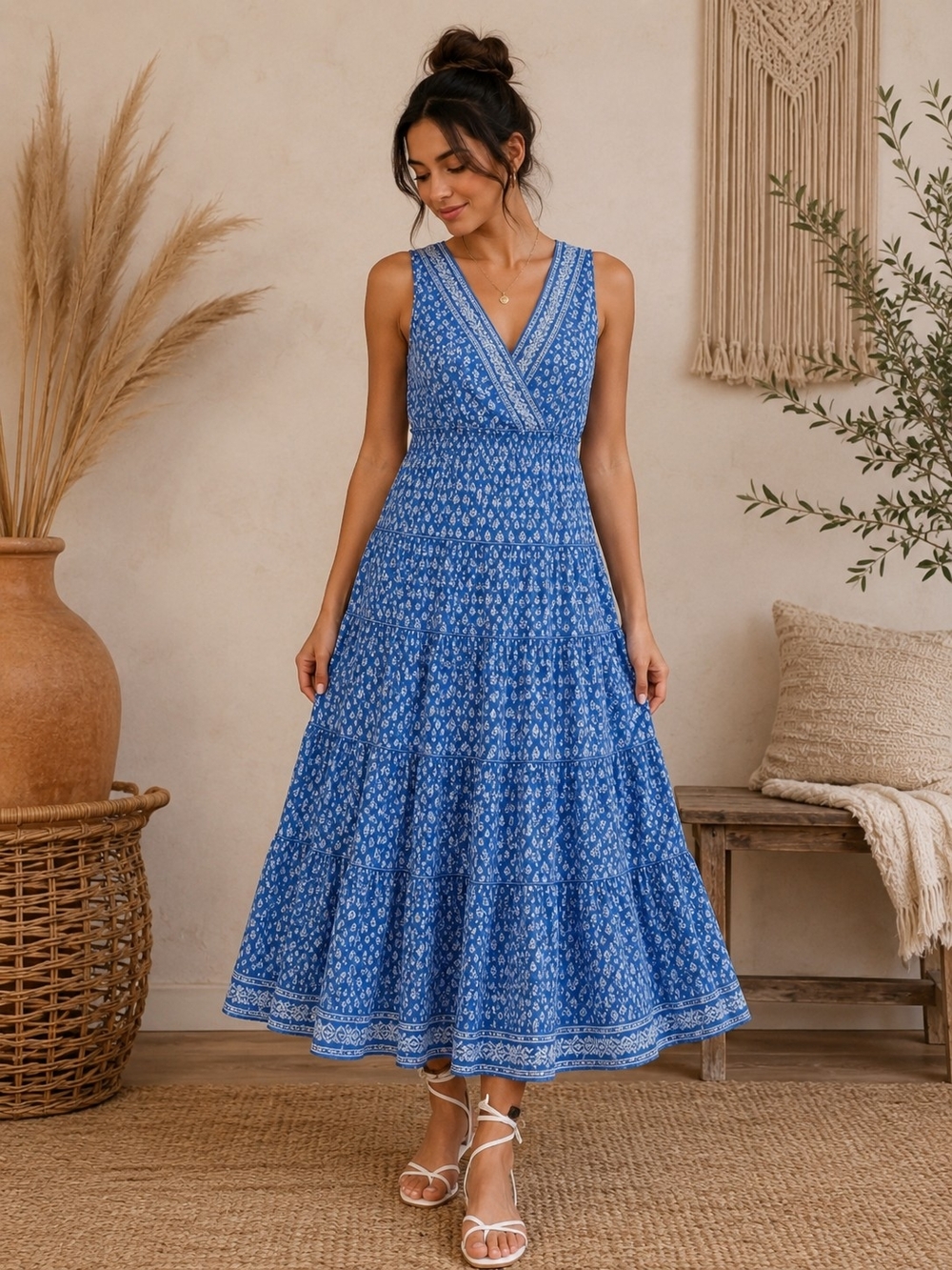 Max Studio Blue V-Neck Tiered Maxi Dress with Ditsy Print